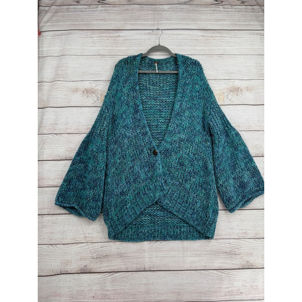 Free People Cardigan Women M Blue Chunky Knit Bell Sleeve High Low Sweater